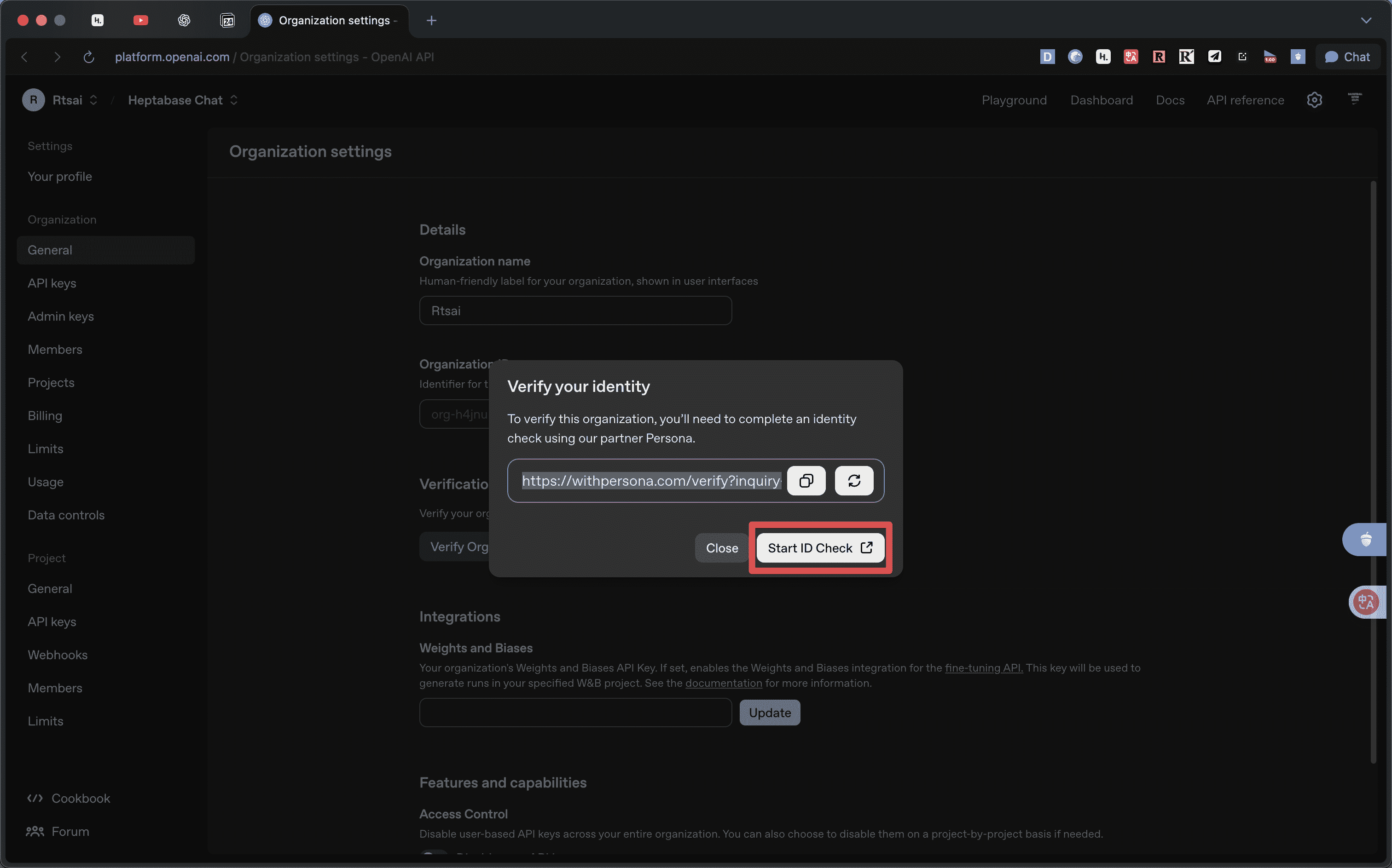 OpenAI Platform 後台顯示 Verify your identity 彈跳視窗，紅框標示著 Start ID Check 的連結按鈕。