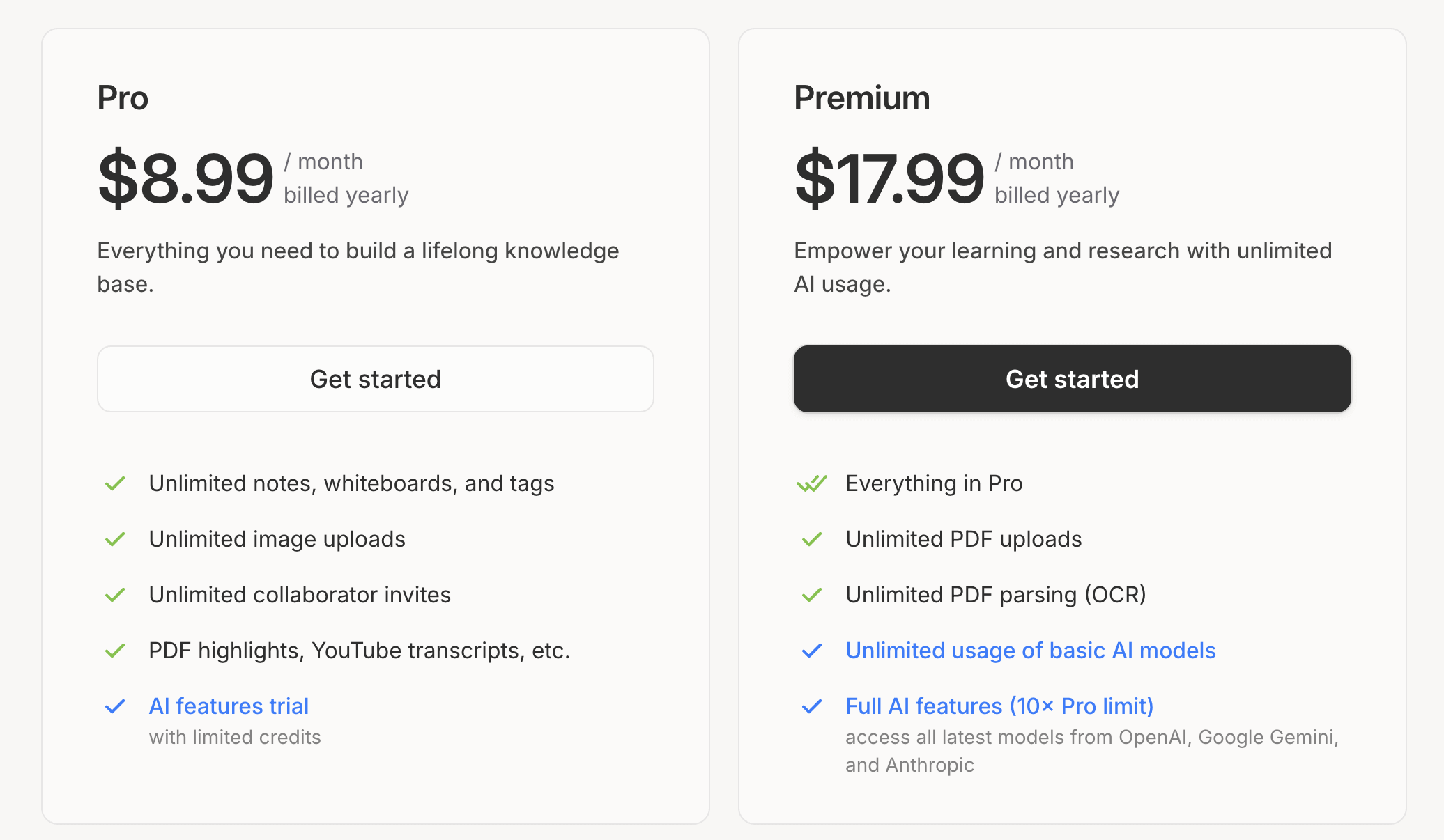 Heptabase 的方案比較 Pro vs Premium 