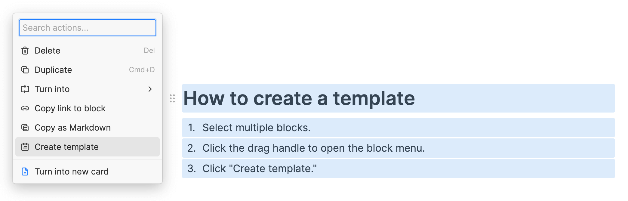 Heptabase 模板教學介面顯示在區塊選單中點選 Create template 選項的操作畫面。