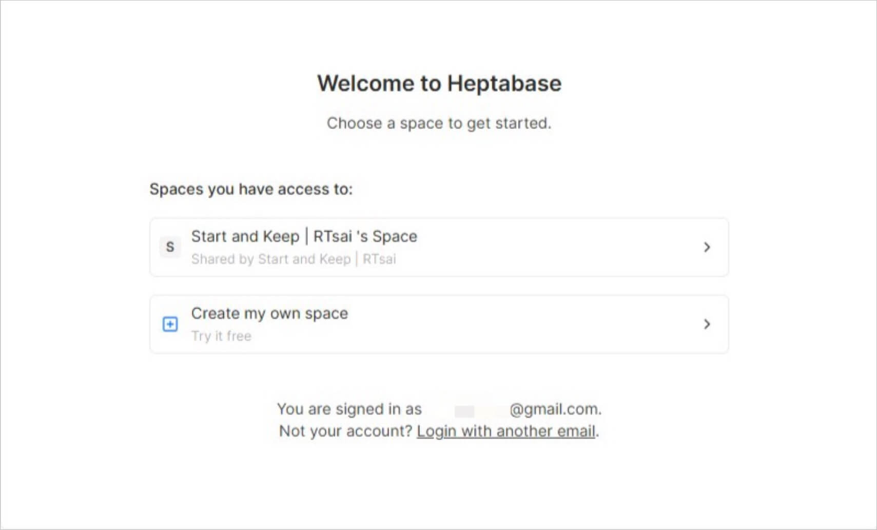 Heptabase 協作登入畫面顯示使用者可存取的工作區清單與建立個人空間選項。