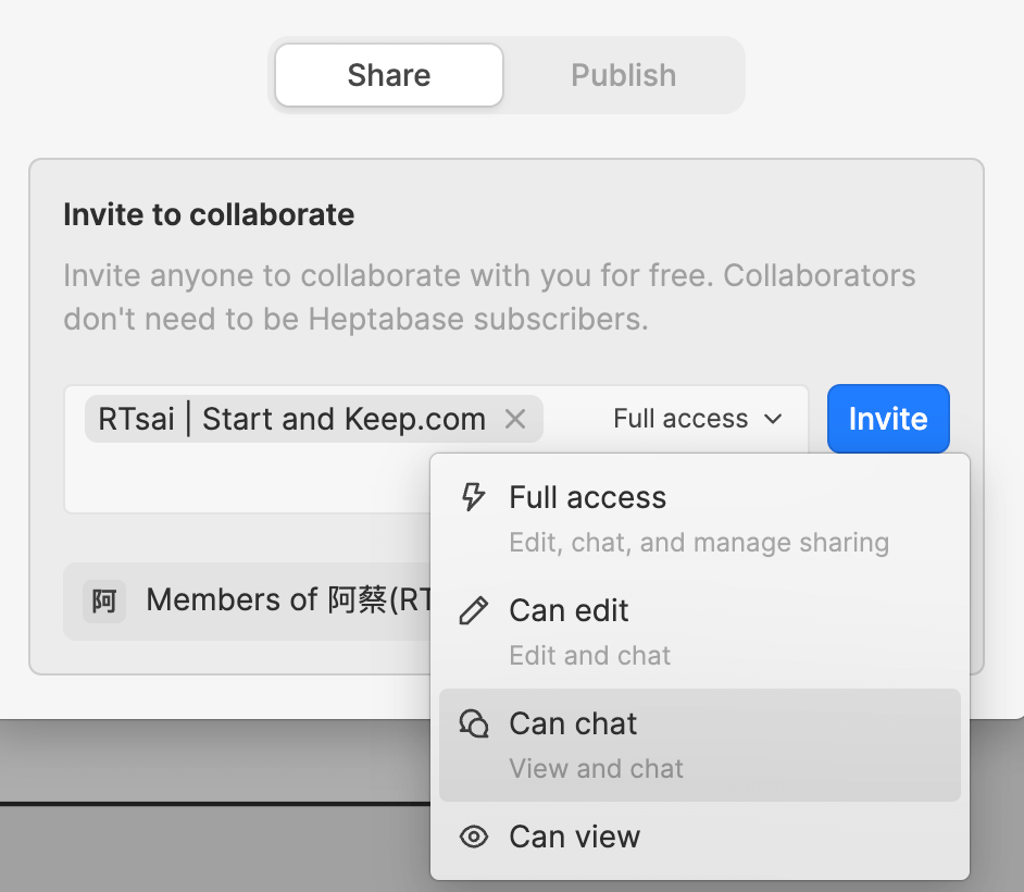 Heptabase 確認協作權限介面,顯示在 Share 選單中選擇 Can chat 權限以開啟多人使用 Chat 功能。