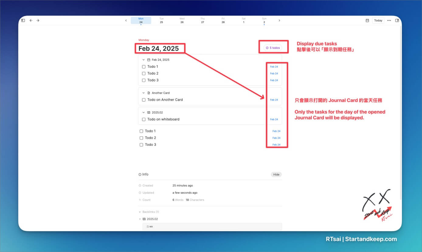 Heptabase Journal 介面截圖，標示如何透過點擊 Todo 按鈕來使用顯示當天任務（Display Due Tasks）的功能。