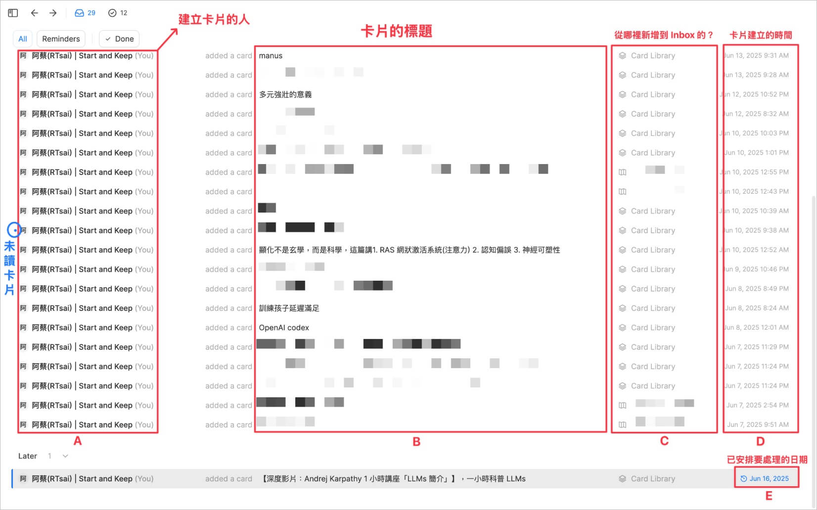 Heptabase Inbox 介面導覽圖，詳細標記了未讀卡片提示、建立者、卡片標題、新增來源、卡片建立時間以及已安排處理日期等功能區塊。