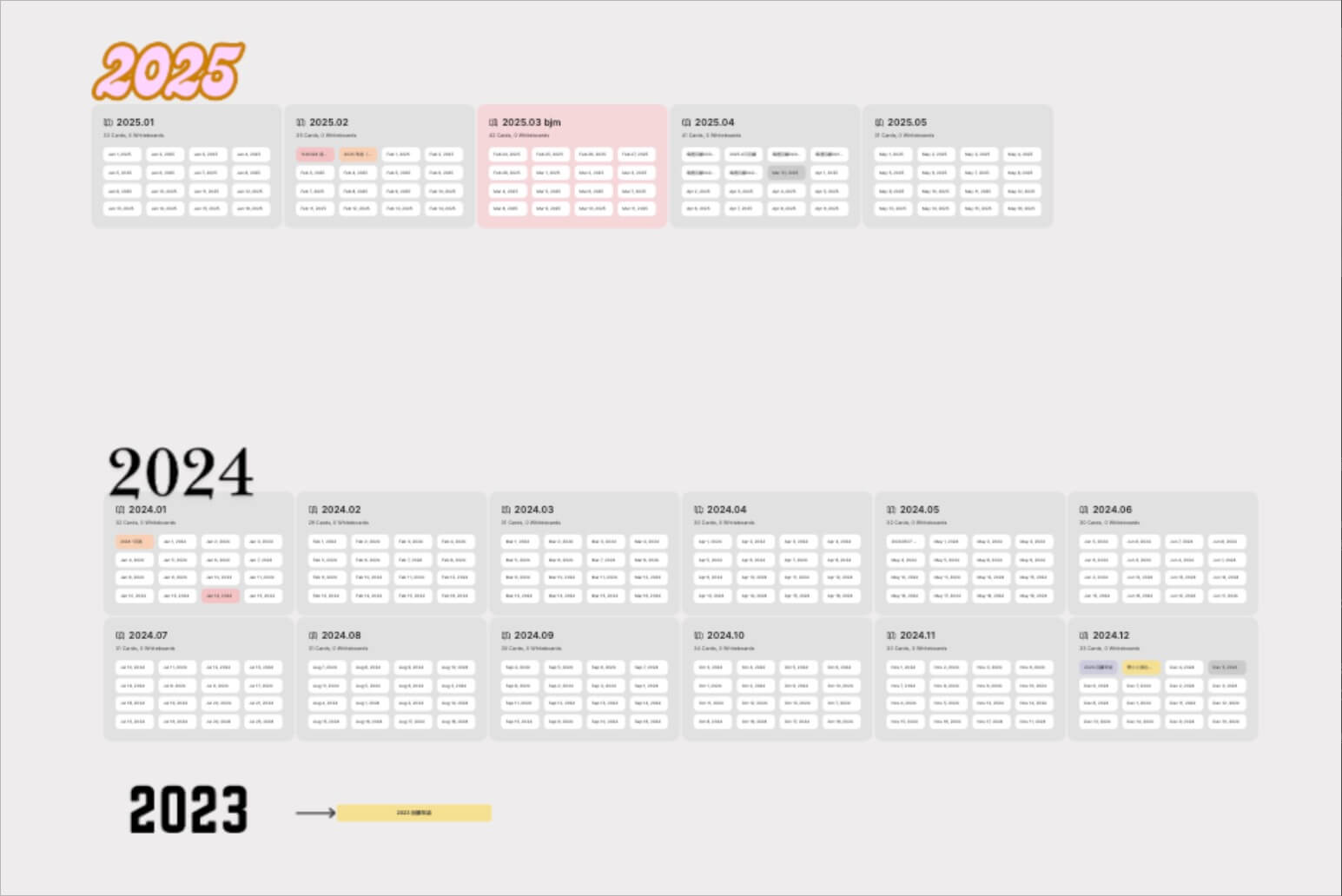 在 Heptabase 步驟三中展示 Journal Card 選擇網格排列 (Grid) 呈現 2023 至 2025 年日誌的視覺效果