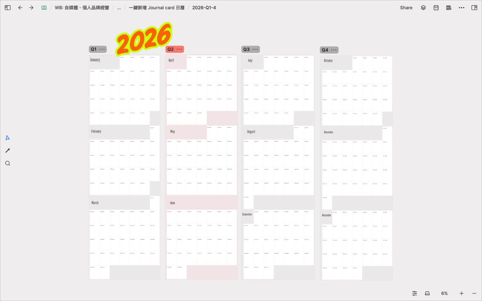 在 Heptabase 白板中使用 Journal Card 排列出的 2026 全年度四個季度規劃視圖