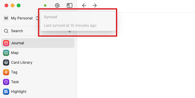 Heptabase 介面紅框標示出同步狀態視窗，顯示 Synced 與上次同步時間，說明如何回報協作同步狀態。