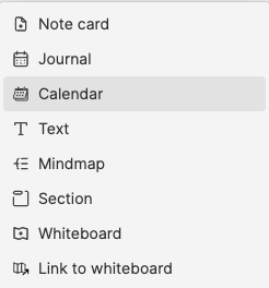 在 Heptabase 白板點擊右鍵彈出的功能選單，並選取 Calendar 選項進行日誌卡片配置