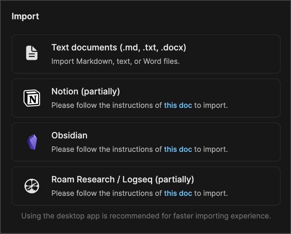 Heptabase 匯入功能頁面,支援從 Markdown、Notion、Obsidian、Roam Research 等來源匯入資料