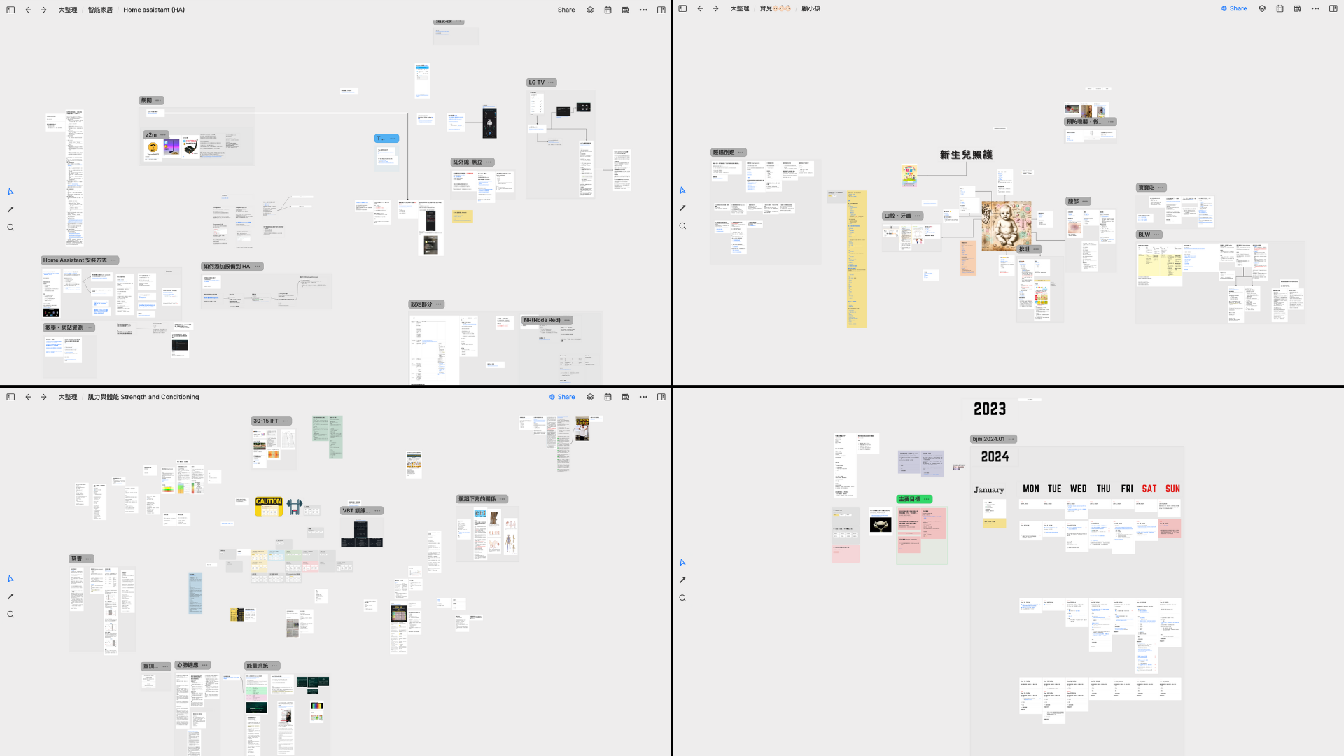 四張 Heptabase 白板縮圖,分別整理智慧家庭、育兒、肌力體能與 2023 至 2024 行事規劃